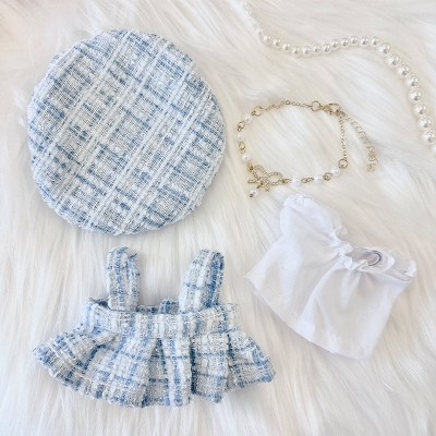 【グッズ-衣装】ノンキャラオリジナル ツイードぬい服【10~15cm用】 ワンピース・シャツ・ベレー帽・ネックレス 4点セット/サックス【G.triGer】