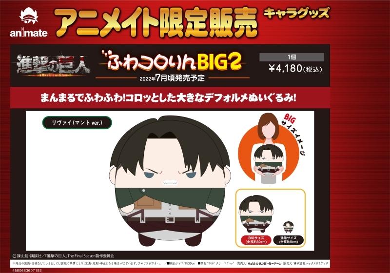 グッズ-ぬいぐるみ】進撃の巨人 ふわコロりんBIG2 Hリヴァイ(マントver 